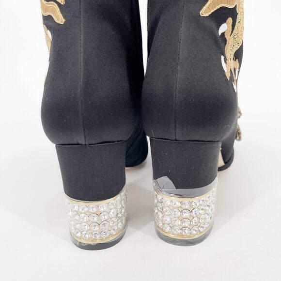 Gucci Black Silk Satin Candy Dragon Embroidered Crystal Bow Heeled Boot EU 37 - Picture 10 of 16